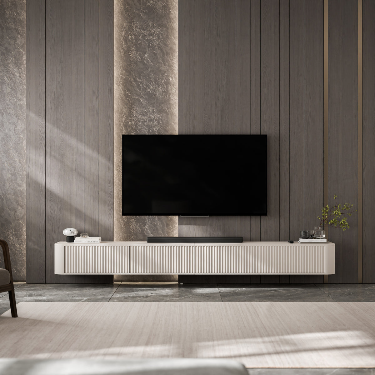 Aurora Rouded Corners Wall Mounted Flutted TV Unit 280cm Glamour Style - Cashmere