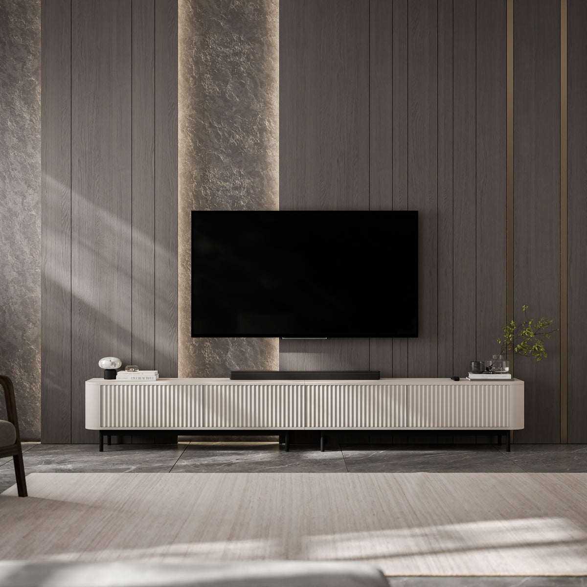 Aurora Rouded Corners Flutted TV Unit 280cm Glamour Style with Frame Legs - Cashmere / Black Frame