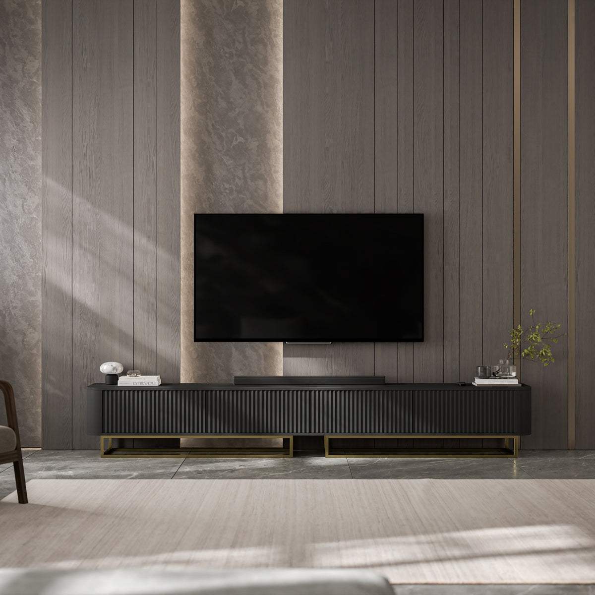 Aurora Rouded Corners Flutted TV Unit 280cm Glamour Style with Frame Stand - Black / Gold Frame