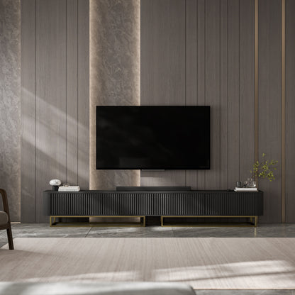 Aurora Rouded Corners Flutted TV Unit 280cm Glamour Style with Frame Stand - Black / Gold Frame