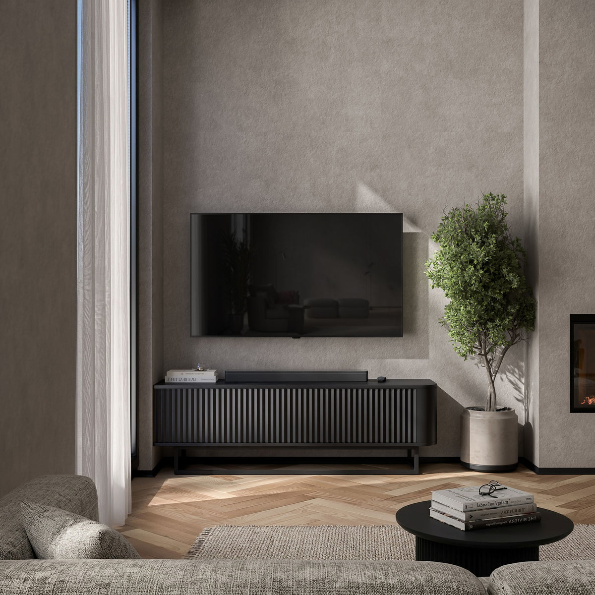 Aurora Rounded Corner Fluted TV Unit 140cm Glamour Style with Frame Stand - Black / Black