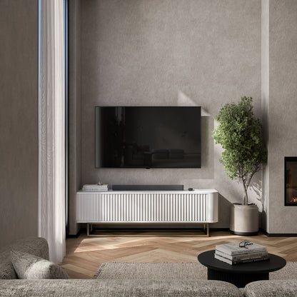 Aurora Rounded Corner Fluted TV Unit 140cm Glamour Style with Frame Stand - White / Gold