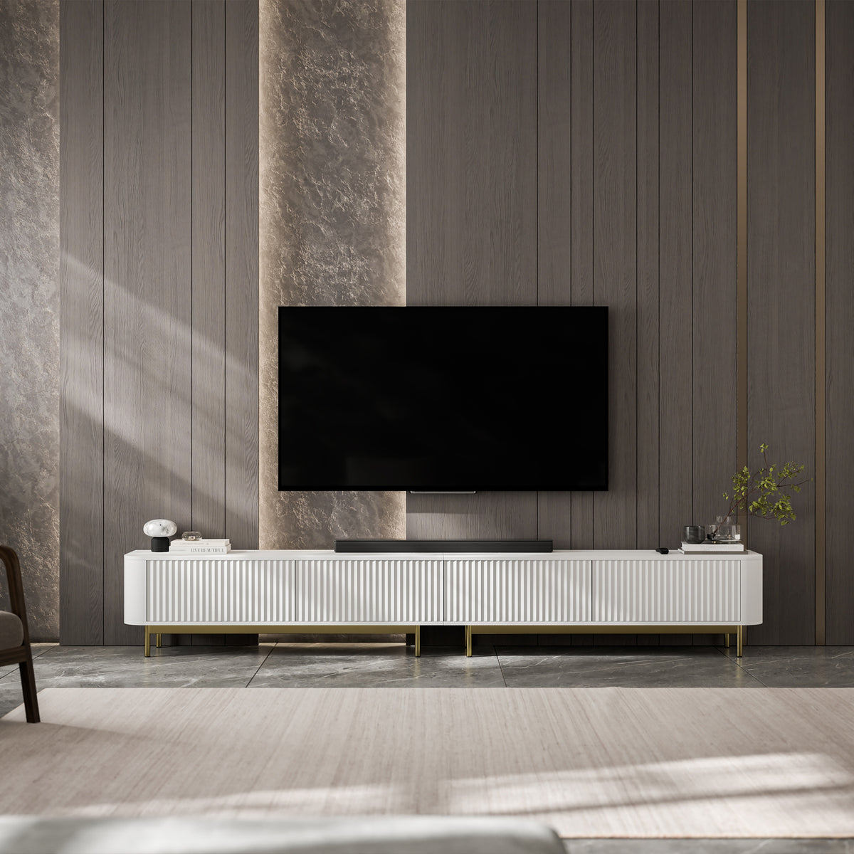 Aurora Rouded Corners Flutted TV Unit 280cm Glamour Style with Frame Legs - White / Gold Frame
