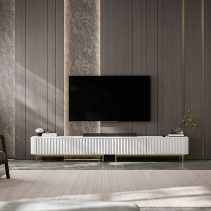 Aurora Rouded Corners Flutted TV Unit 280cm Glamour Style with Frame Legs - White / Gold Frame