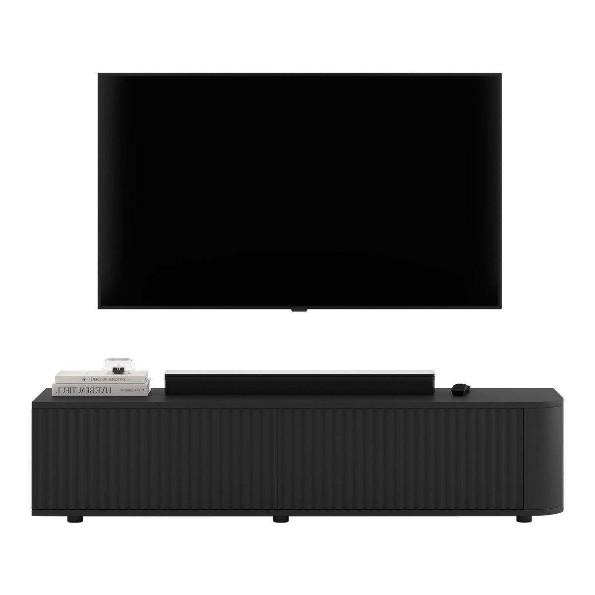 Aurora Rounded Corner Flutted TV Unit 140cm Glamour Style with Floor Pads - Black