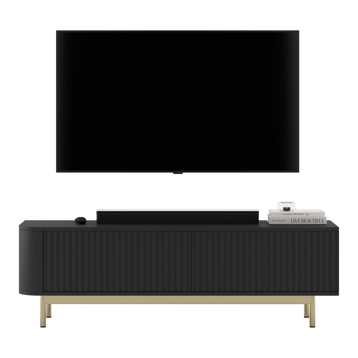 Aurora Rounded Corner Flutted TV Unit 140cm Glamour Style with Frame Legs - Black / Gold