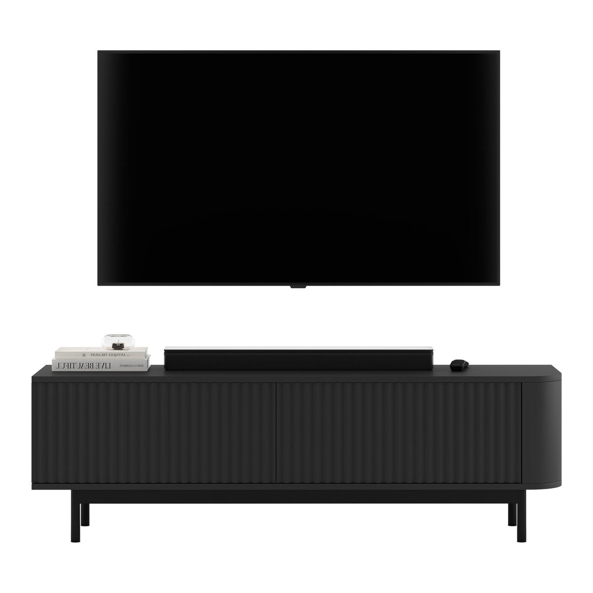 Aurora Rounded Corner Fluted TV Unit 140cm Glamour Style with Frame Legs - Black / Black