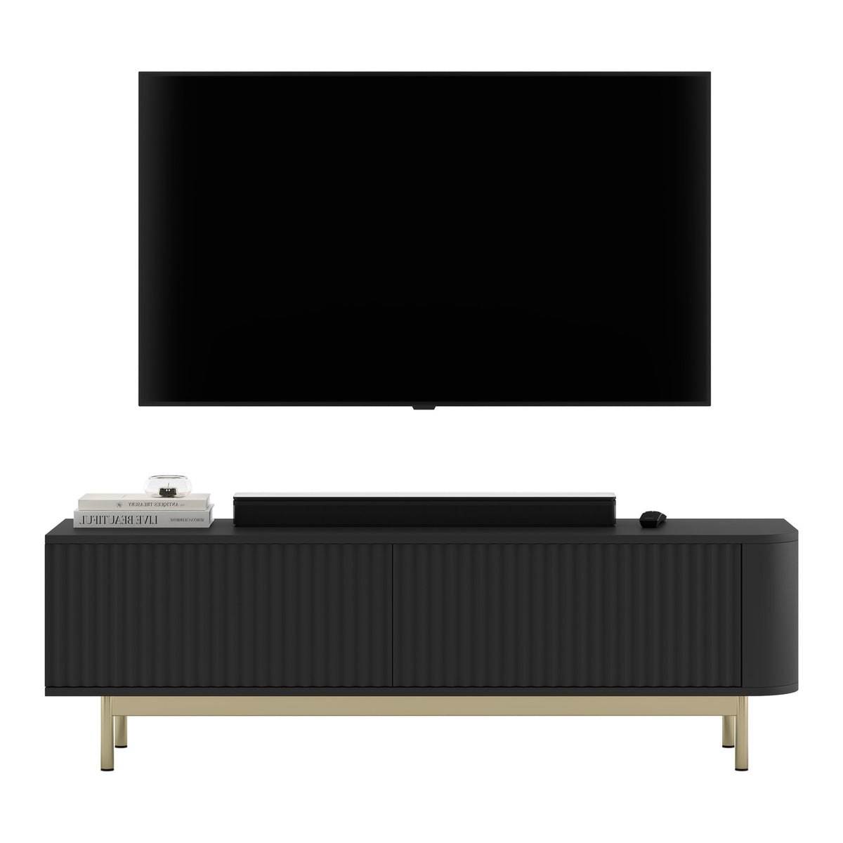 Aurora Rounded Corner Flutted TV Unit 140cm Glamour Style with Frame Legs - Black / Gold