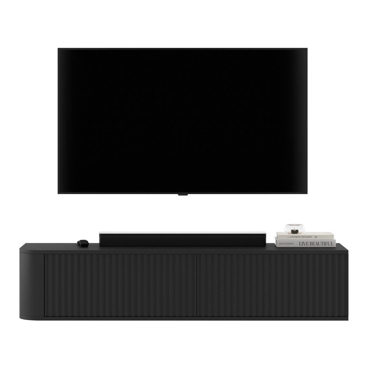 Aurora Rounded Corner Wall Mounted Flutted TV Unit 140cm Glamour Style - Black