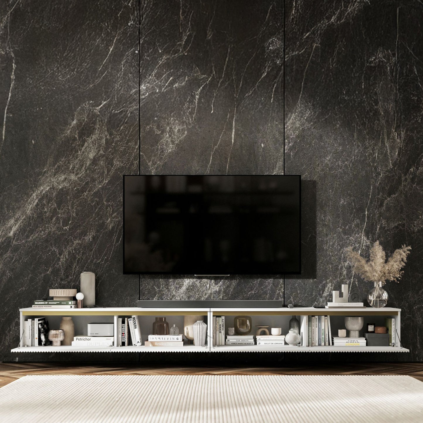 Selene Modern Ribbed-Texture Wide Wall-Mounted TV Unit with Storage - White