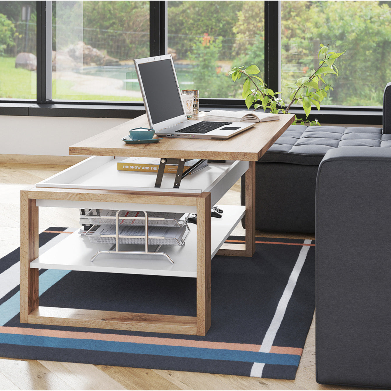 NUO Lift Top Coffee Table Contemporary Style - Wotan Oak / White Matt