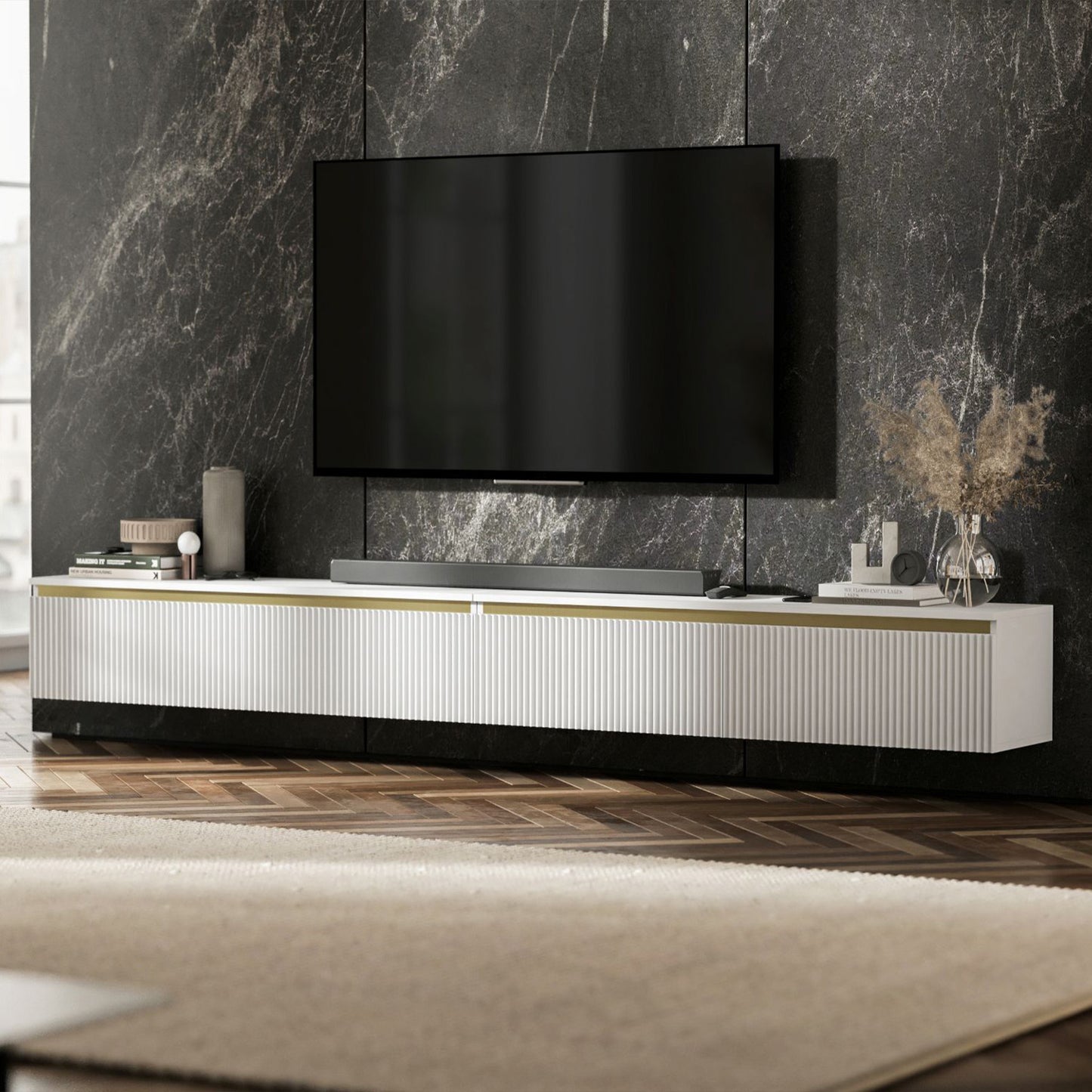 Selene Modern Ribbed-Texture Wide Wall-Mounted TV Unit with Storage - White