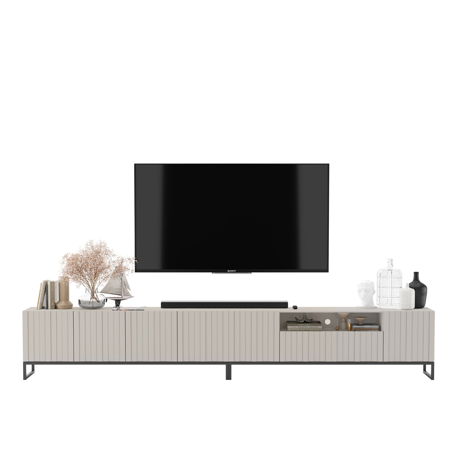 Elpis Glamour Standing TV Cabinet Media Unit with Storage Extra Long 4DK 300cm - Cashmere Matt / Black Frame