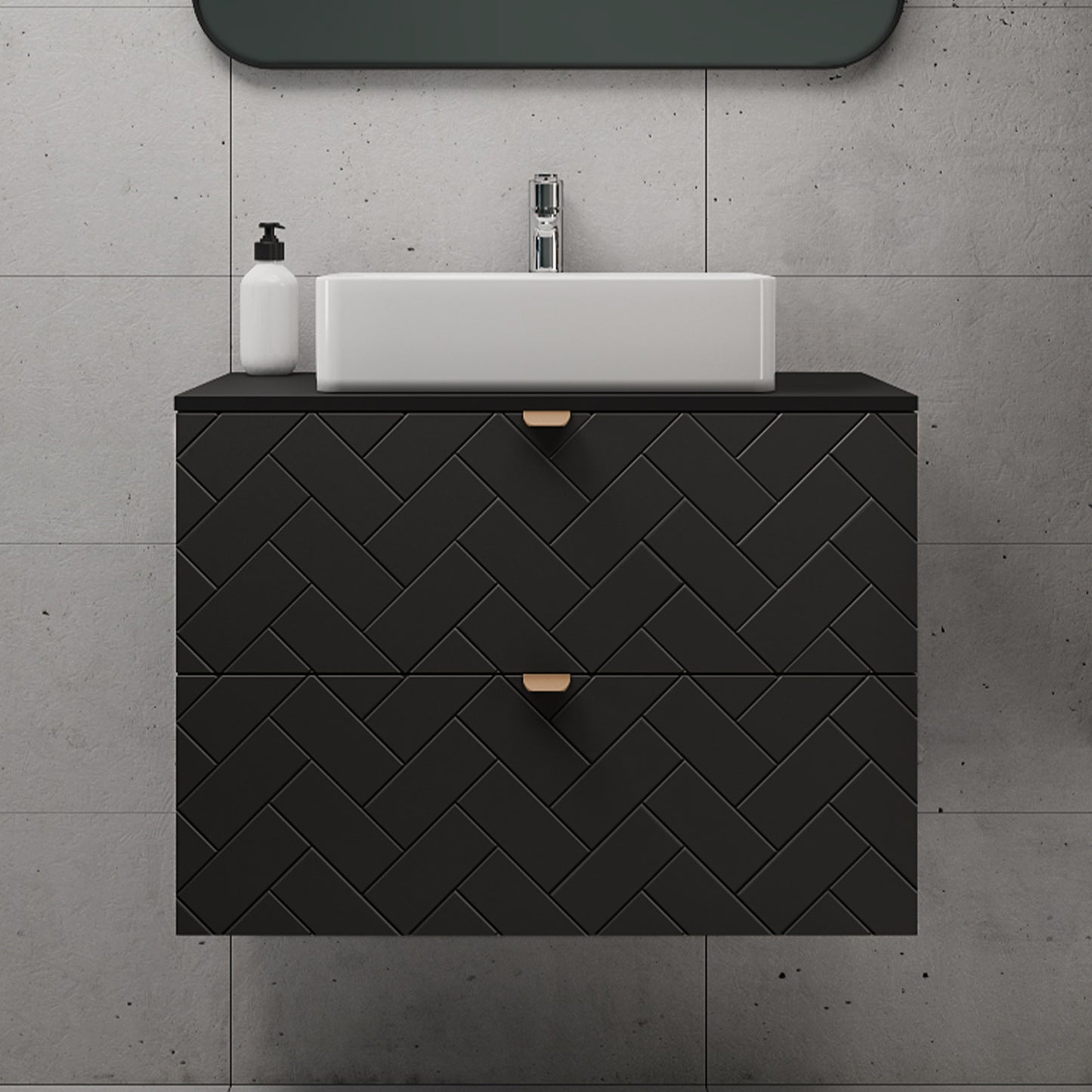 Trend Herringbone Pattern Door 80cm Bathroom Cabinet Vanity Unit with Worktop - Black