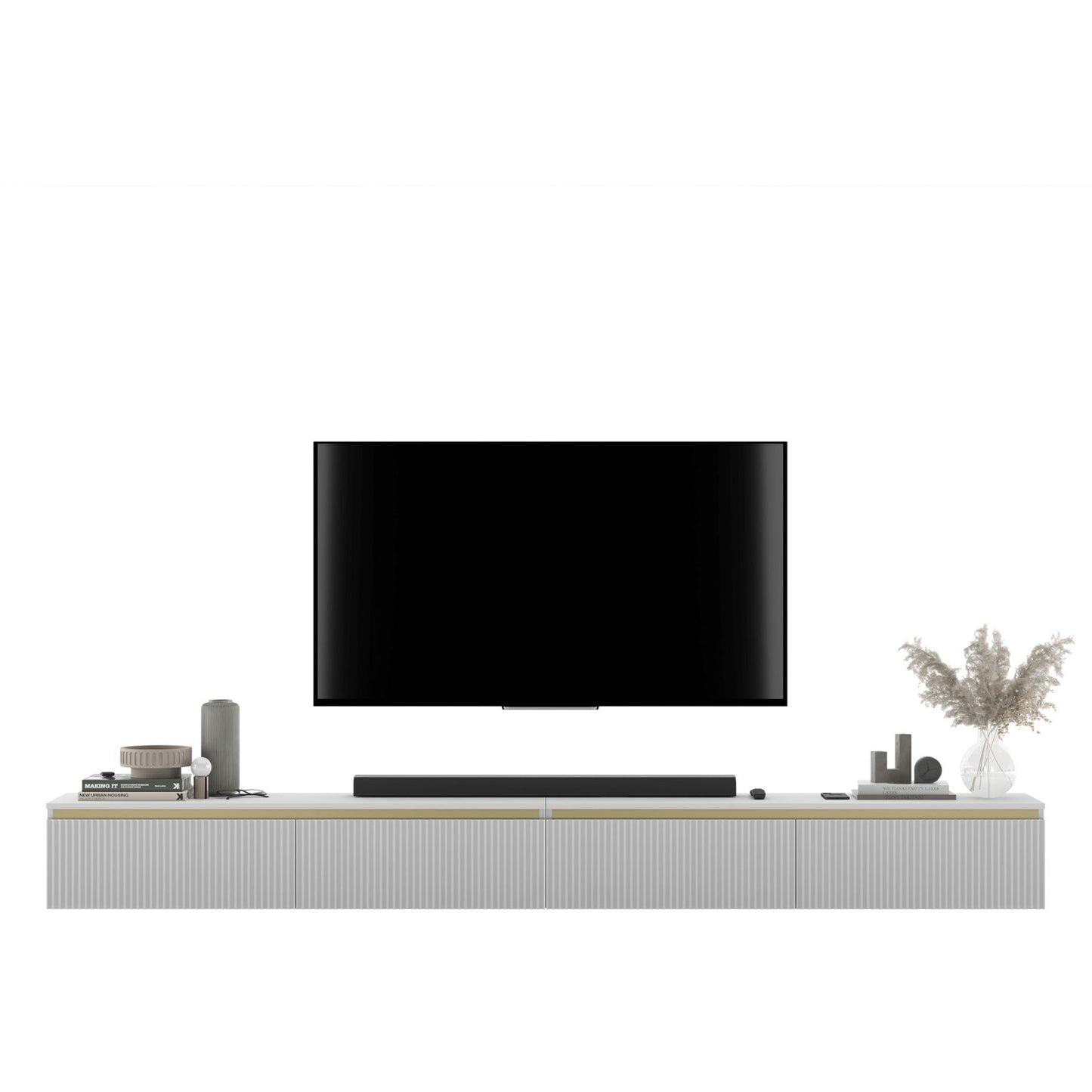 Selene Modern Ribbed-Texture Wide Wall-Mounted TV Unit with Storage - White