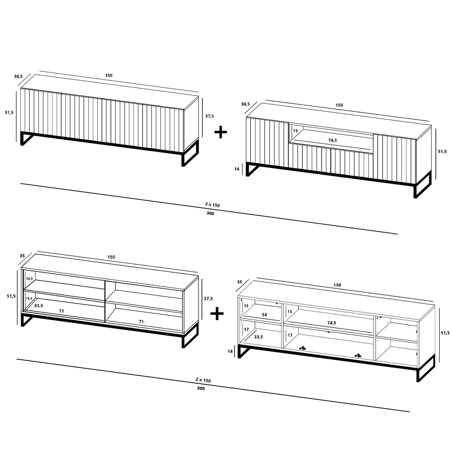 Elpis Glamour Standing TV Cabinet Media Unit with Storage Extra Long 4DK 300cm - White Matt / Copper Frame