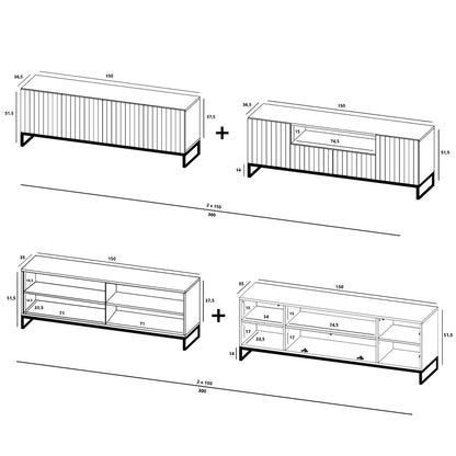 Elpis Glamour Standing TV Cabinet Media Unit with Storage Extra Long 4DK 300cm - Black Matt / Black Frame