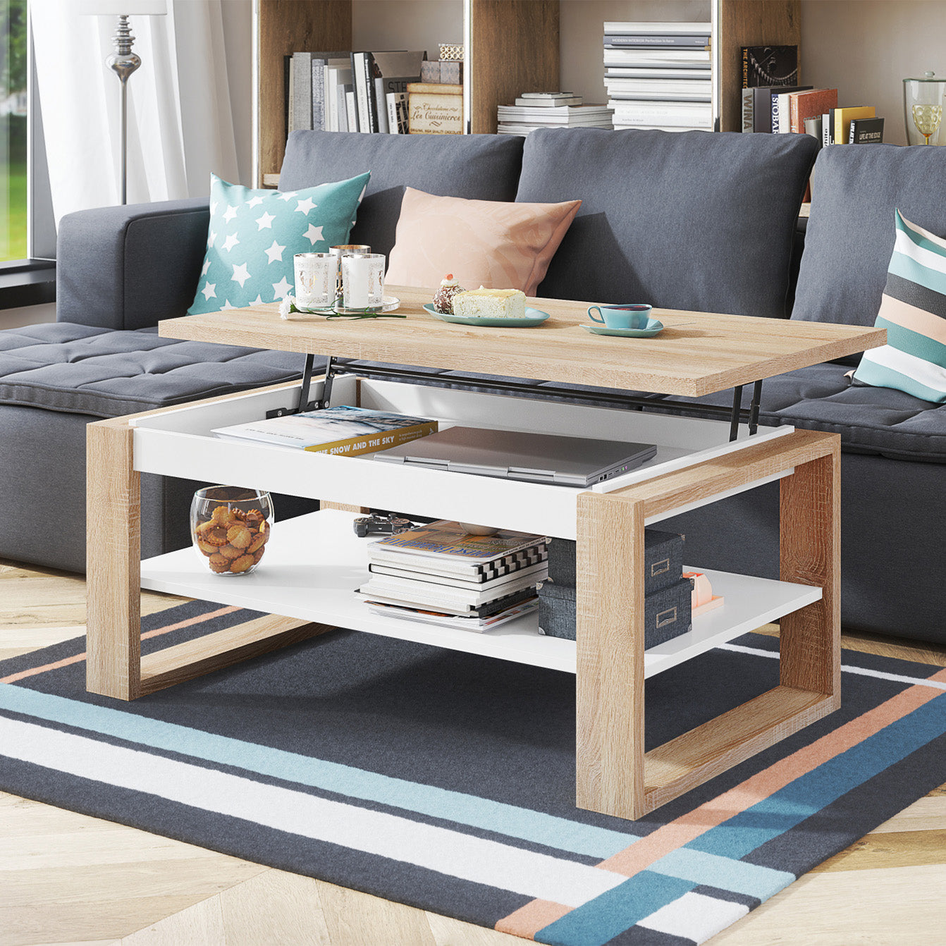 NUO Lift Top Coffee Table Contemporary Style - Sonoma Oak / White Matt
