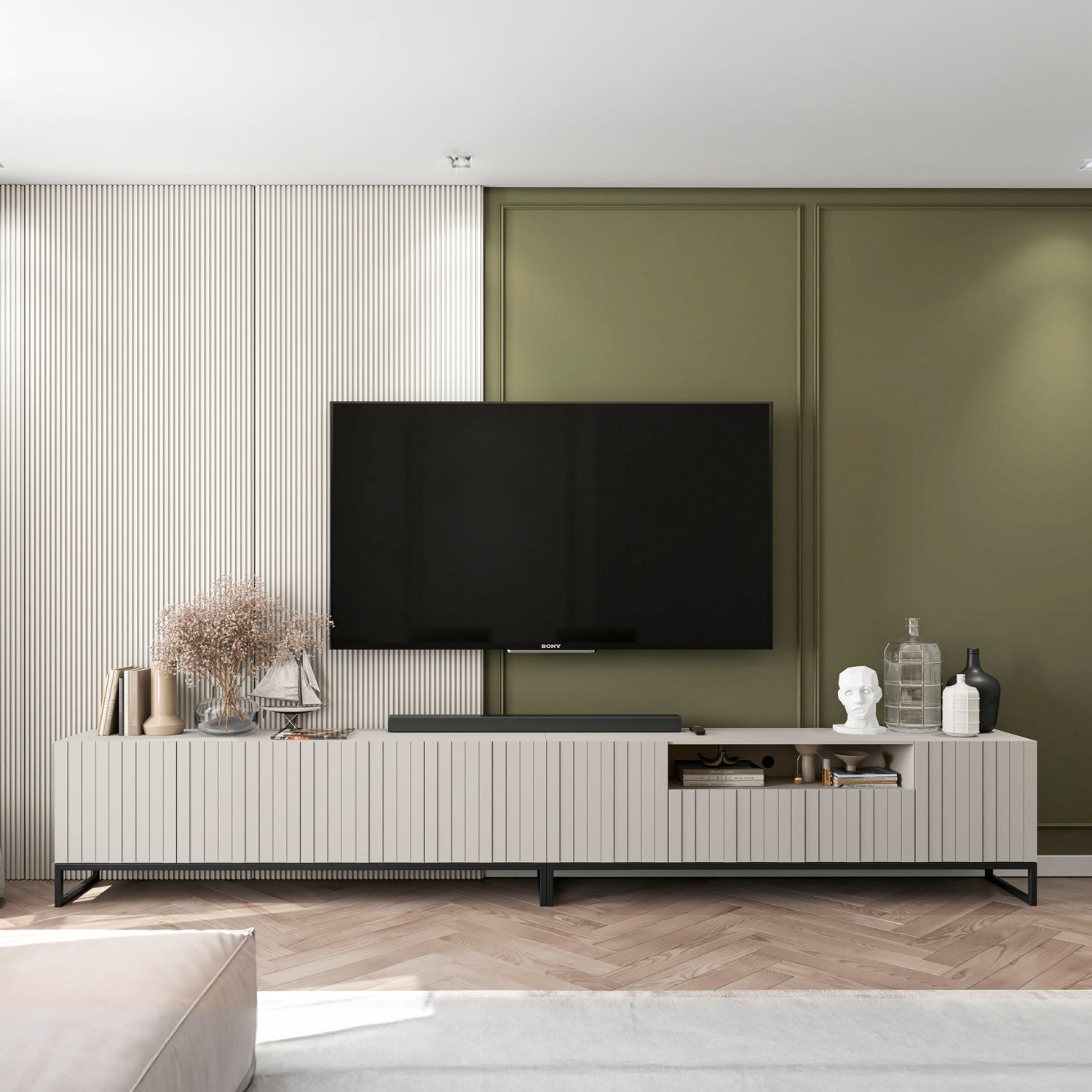 Elpis Glamour Standing TV Cabinet Media Unit with Storage Extra Long 4DK 300cm - Cashmere Matt / Black Frame
