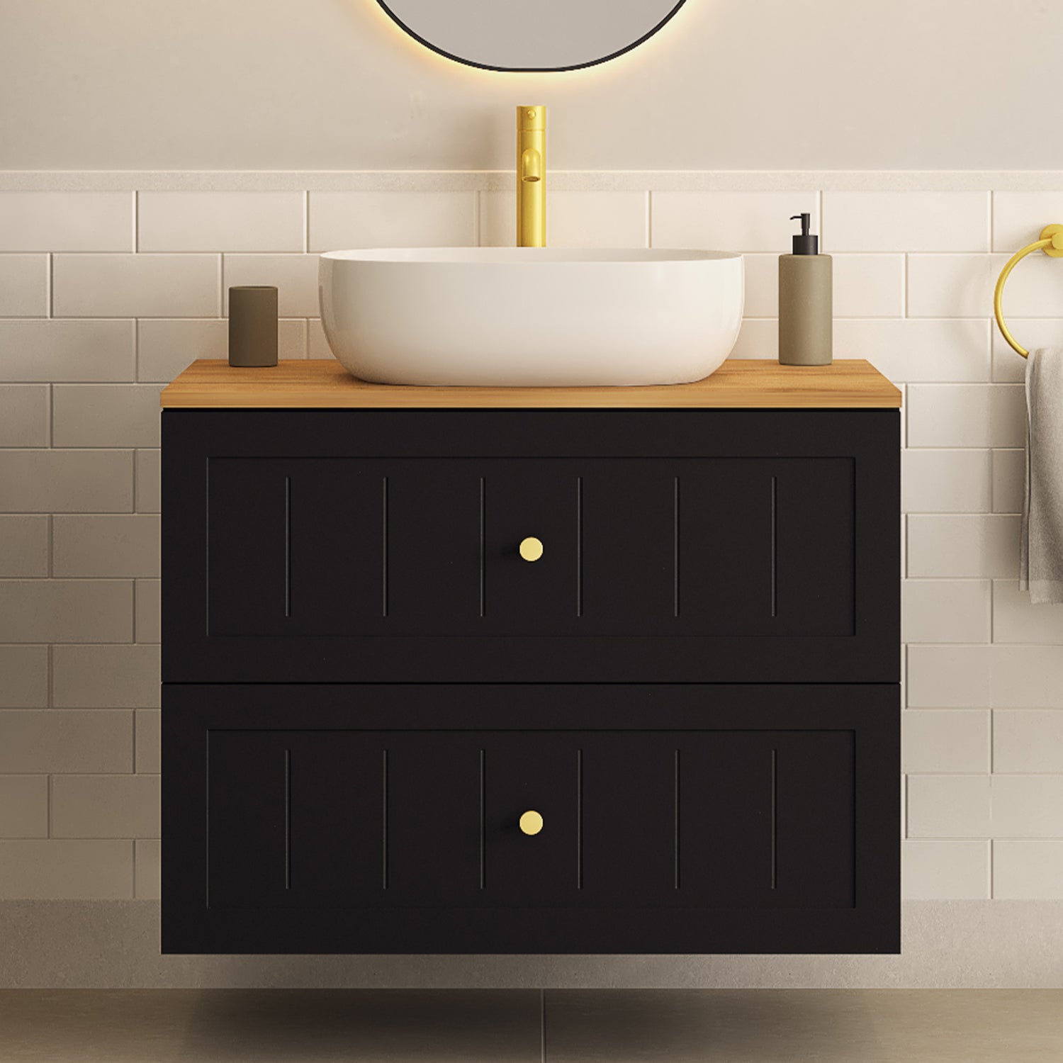 Gusto Scandi Style 2 Drawer Wall Cabinet Vanity Unit with Worktop 80cm - Black