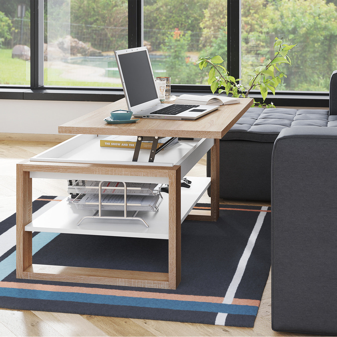 NUO Lift Top Coffee Table Contemporary Style - Sonoma Oak / White Matt