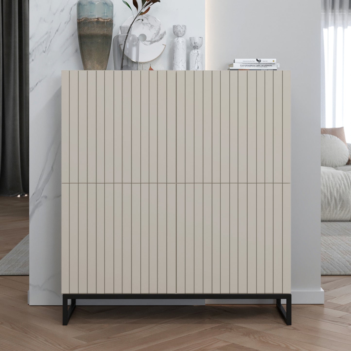 Elpis Glamour 4 Door Sideboard Push-to-Open Cabinet - Cashmere Matt / Black Frame