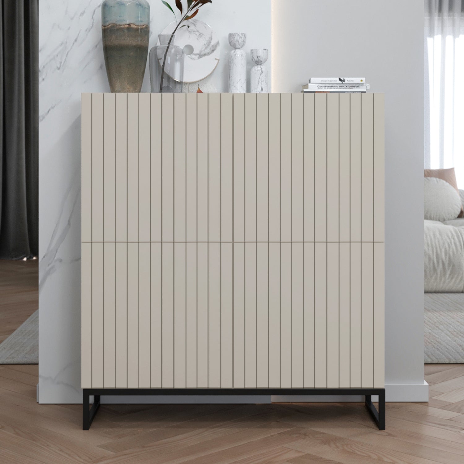 Elpis Glamour 4 Door Sideboard Push-to-Open Cabinet - Cashmere Matt / Black Frame