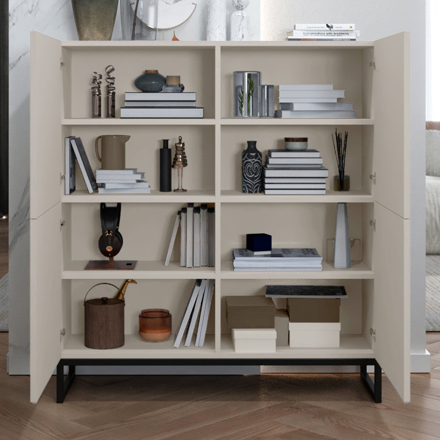 Elpis Glamour 4 Door Sideboard Push-to-Open Cabinet - Cashmere Matt / Black Frame