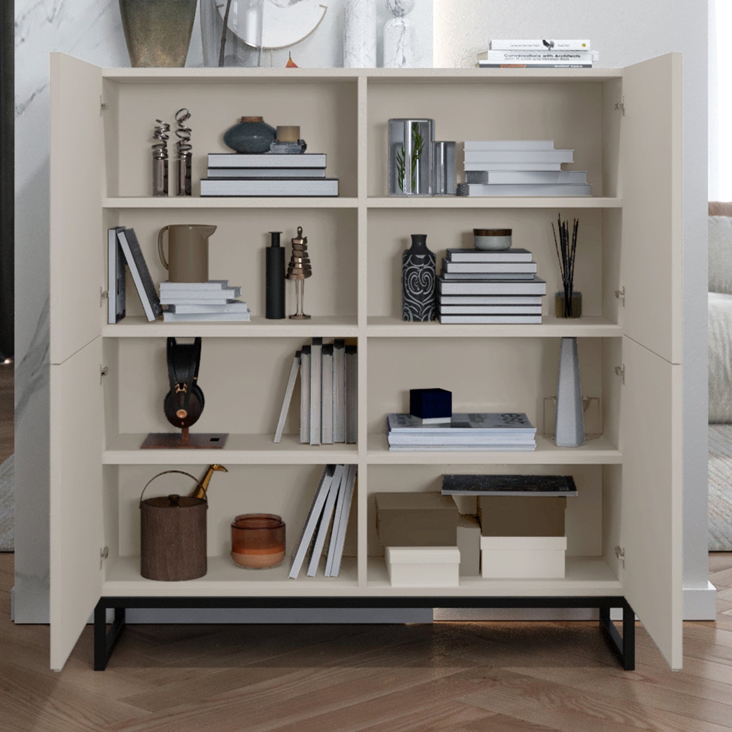 Elpis Glamour 4 Door Sideboard Push-to-Open Cabinet - Cashmere Matt / Black Frame