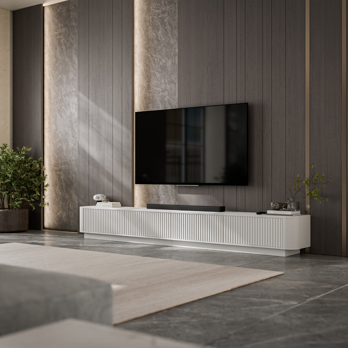 Aurora Rouded Corners Flutted TV Unit 280cm Glamour Style with Plinth Stand - White