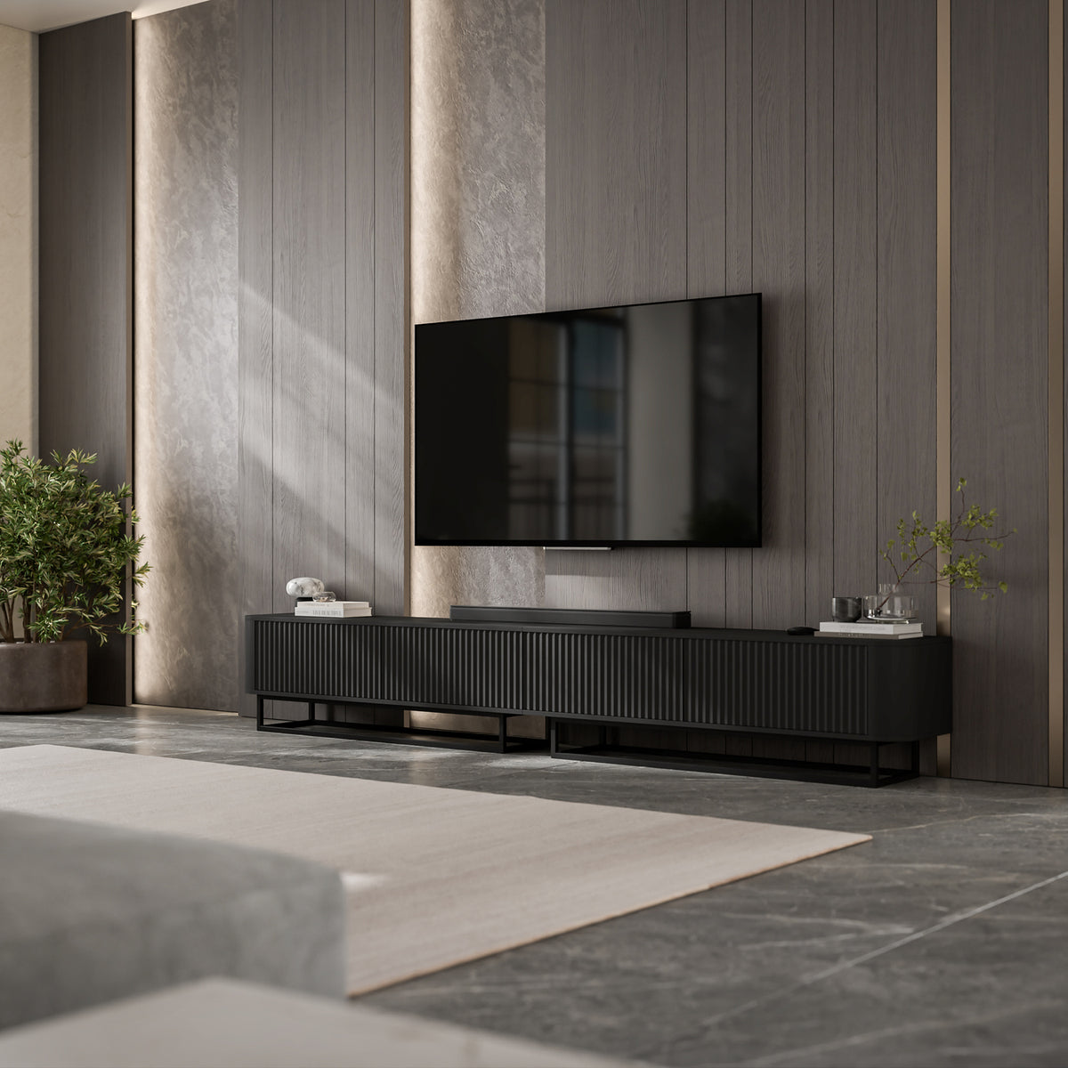 Aurora Rouded Corners Flutted TV Unit 280cm Glamour Style with Frame Stand - Black / Black Frame