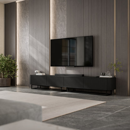 Aurora Rouded Corners Flutted TV Unit 280cm Glamour Style with Frame Stand - Black / Black Frame