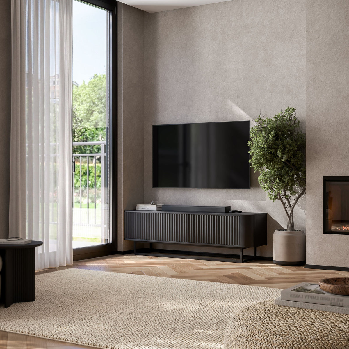 Aurora Rounded Corner Fluted TV Unit 140cm Glamour Style with Frame Stand - Black / Black
