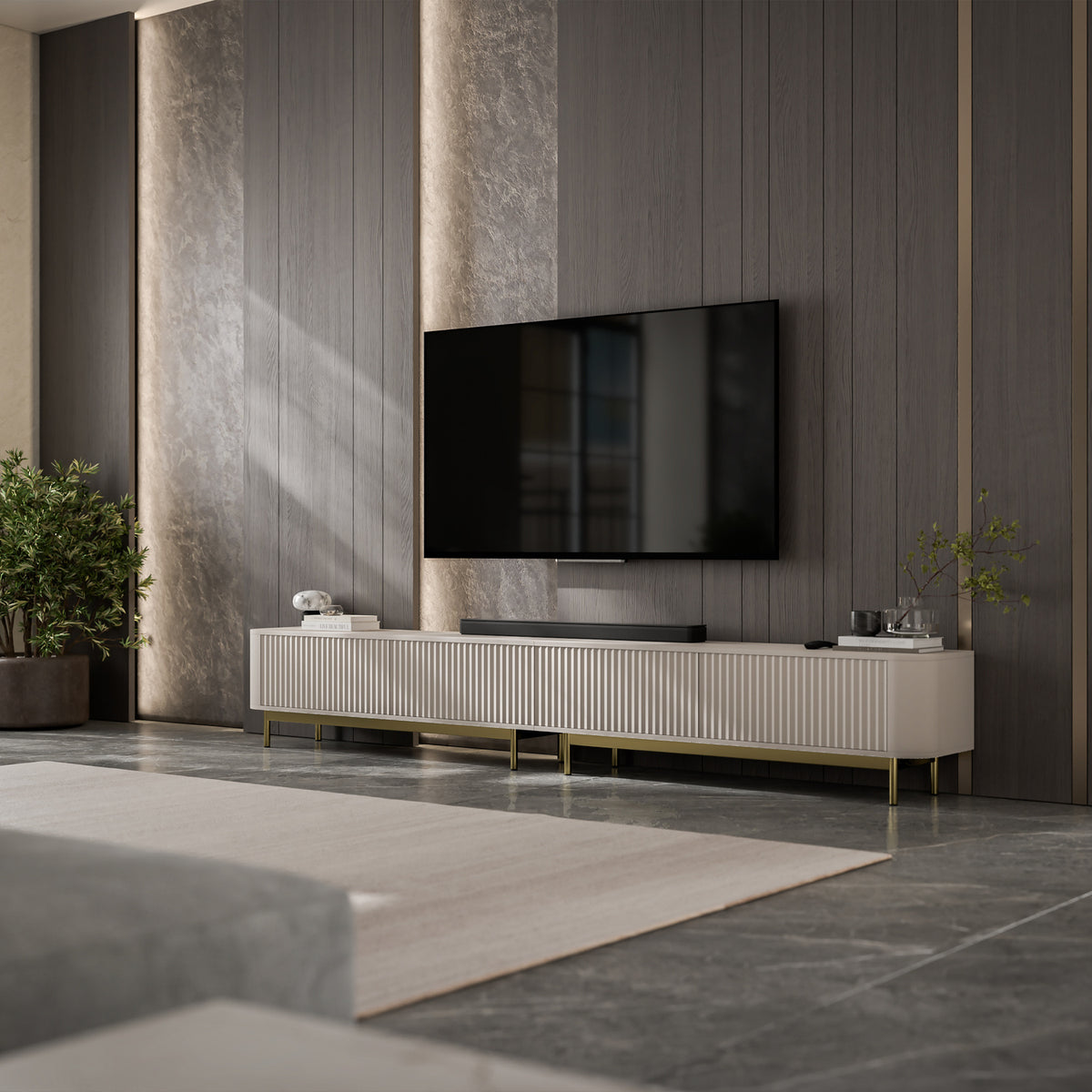 Aurora Rouded Corners Flutted TV Unit 280cm Glamour Style with Frame Legs - Cashmere / Gold Frame