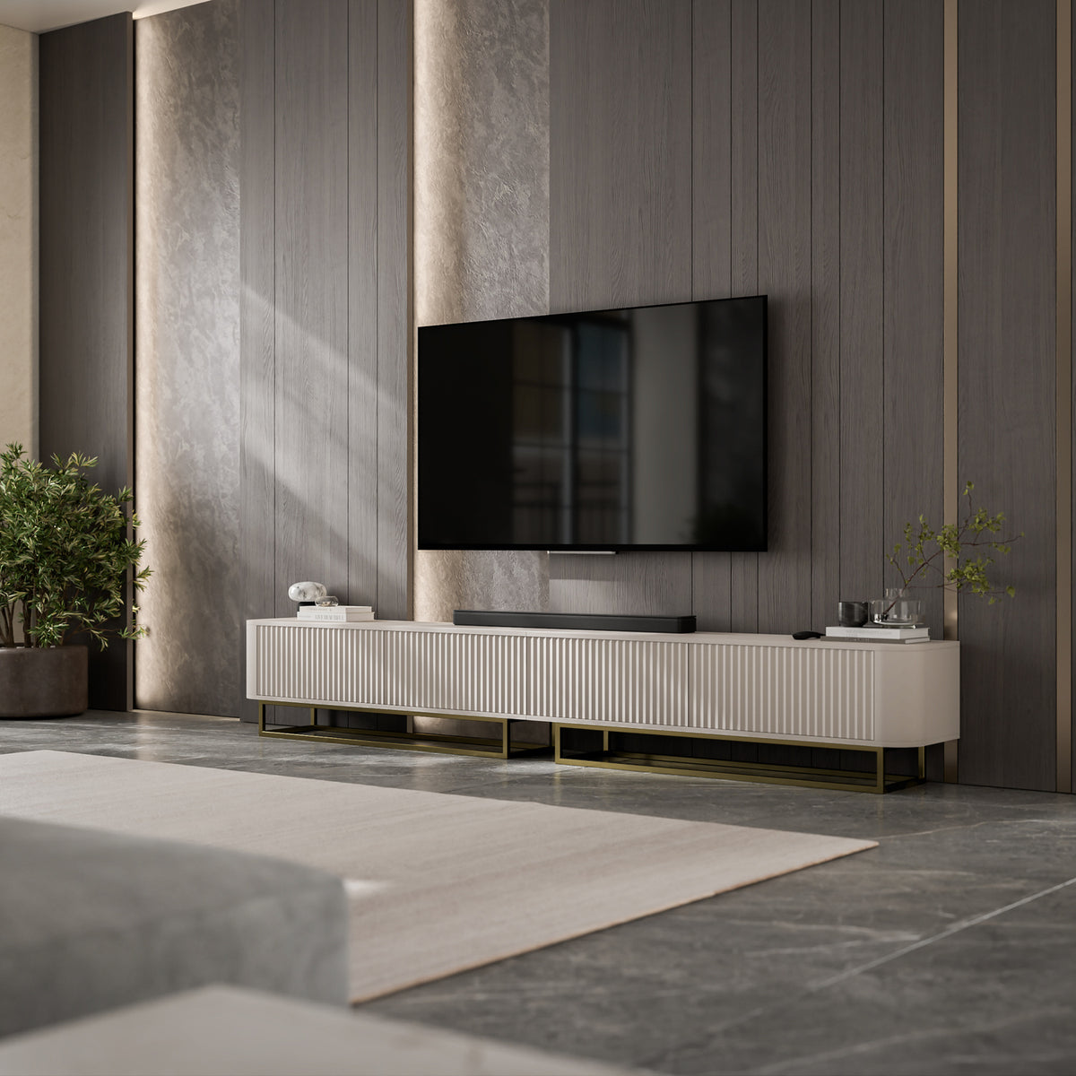Aurora Rouded Corners Flutted TV Unit 280cm Glamour Style with Frame Stand - Cashmere / Gold Frame