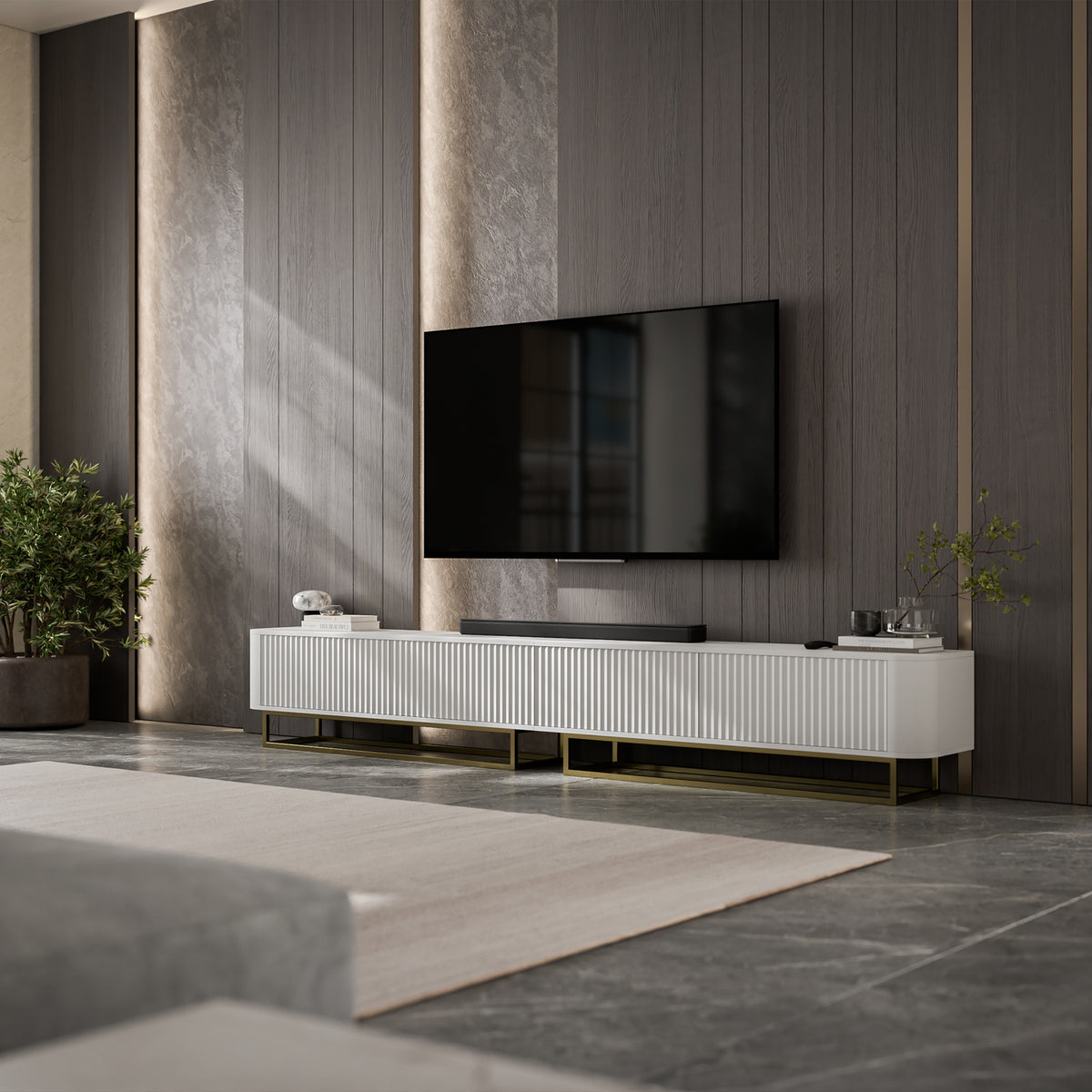 Aurora Rouded Corners Flutted TV Unit 280cm Glamour Style with Frame Stand - White / Gold Frame