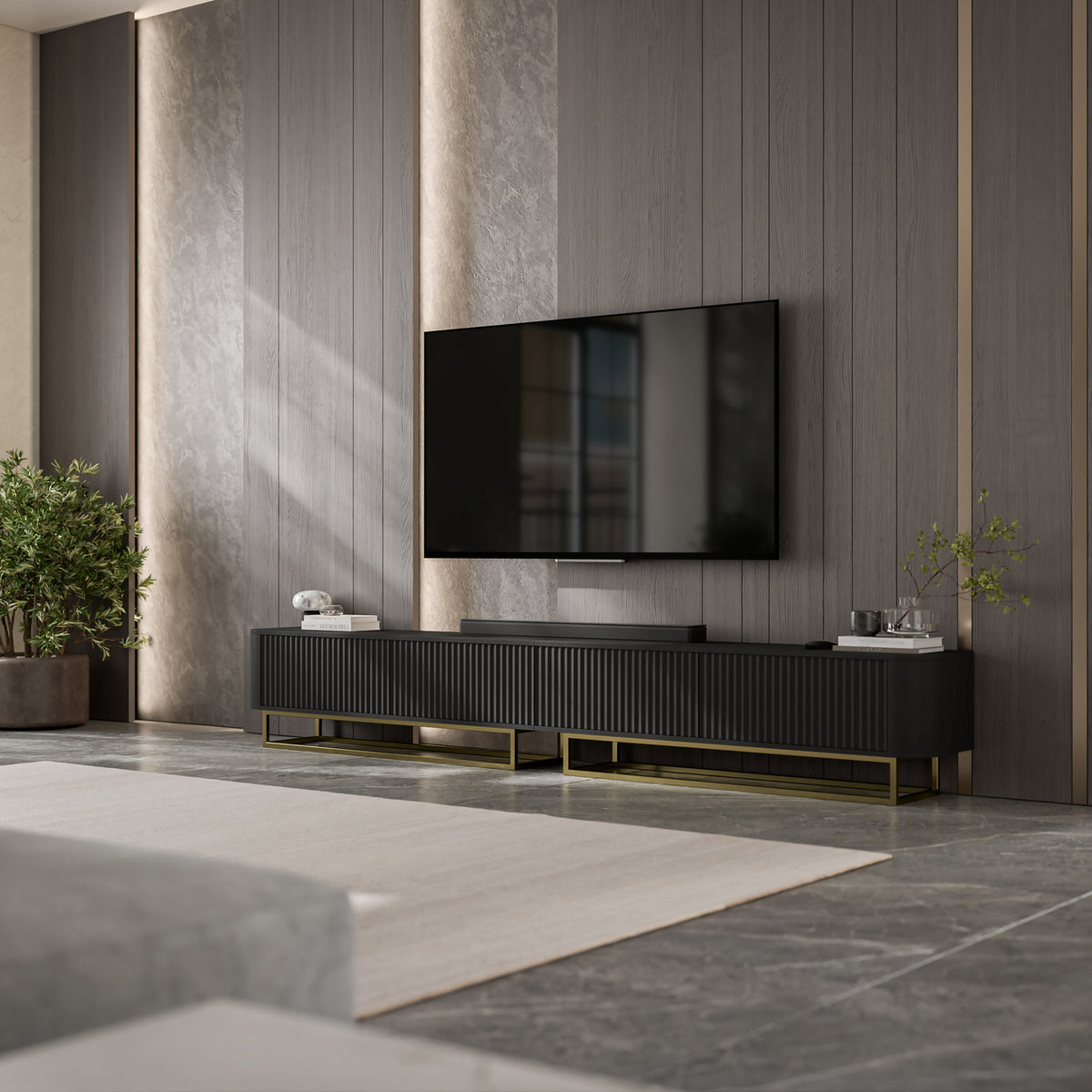 Aurora Rouded Corners Flutted TV Unit 280cm Glamour Style with Frame Stand - Black / Gold Frame