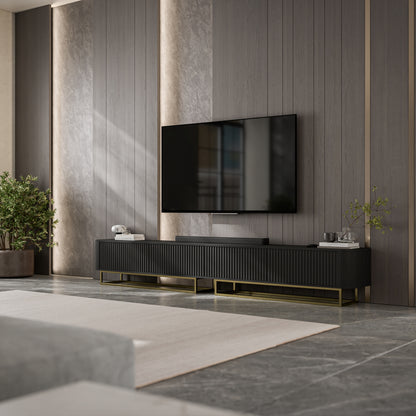Aurora Rouded Corners Flutted TV Unit 280cm Glamour Style with Frame Stand - Black / Gold Frame