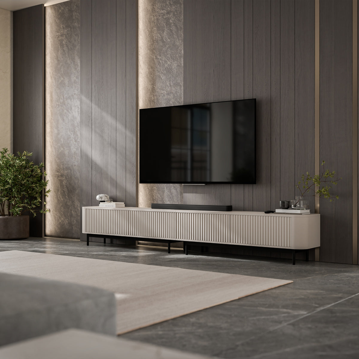 Aurora Rouded Corners Flutted TV Unit 280cm Glamour Style with Frame Legs - Cashmere / Black Frame