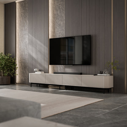 Aurora Rouded Corners Flutted TV Unit 280cm Glamour Style with Frame Legs - Cashmere / Black Frame