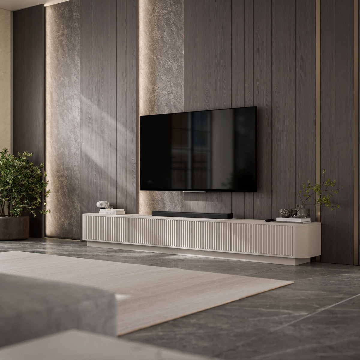 Aurora Rouded Corners Flutted TV Unit 280cm Glamour Style with Plinth Stand - Cashmere