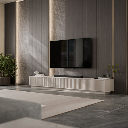 Aurora Rouded Corners Flutted TV Unit 280cm Glamour Style with Plinth Stand - Cashmere