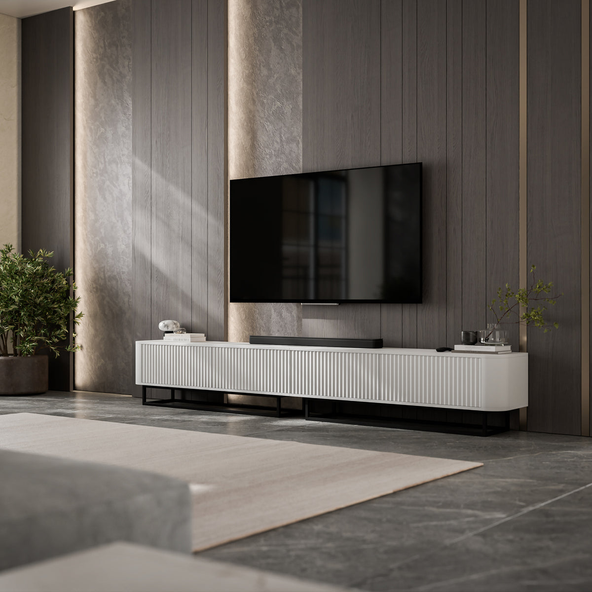 Aurora Rouded Corners Flutted TV Unit 280cm Glamour Style with Frame Stand - White / Black Frame