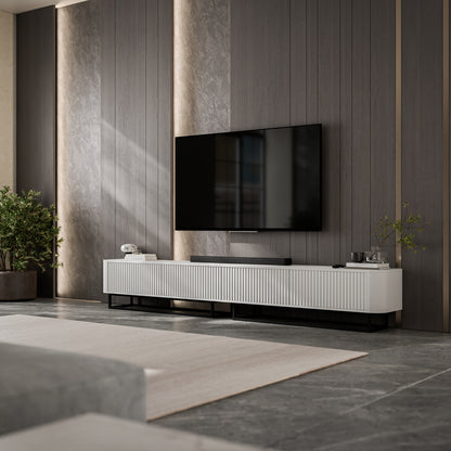 Aurora Rouded Corners Flutted TV Unit 280cm Glamour Style with Frame Stand - White / Black Frame