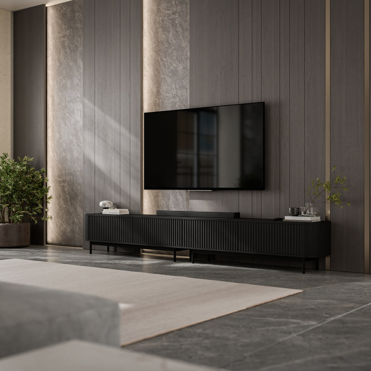 Aurora Rouded Corners Flutted TV Unit Glamour Style with Frame Legs - Black / Black Frame