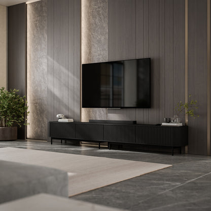 Aurora Rouded Corners Flutted TV Unit Glamour Style with Frame Legs - Black / Black Frame
