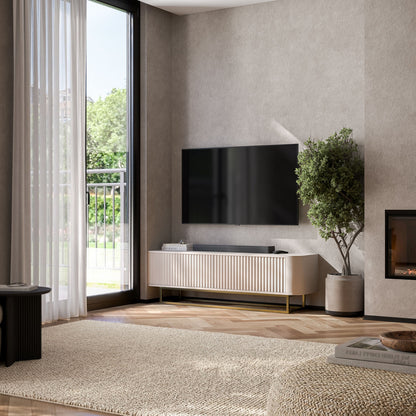 Aurora Rounded Corner Fluted TV Unit 140cm Glamour Style with Frame Stand - Cashmere / Gold