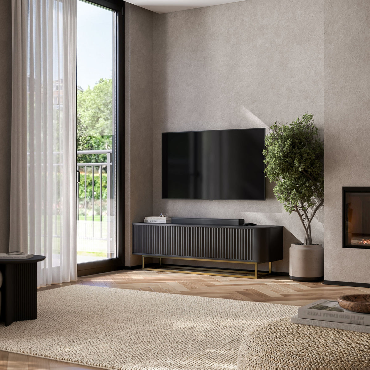 Aurora Rounded Corner Fluted TV Unit 140cm Glamour Style with Frame Stand - Black / Gold