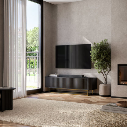 Aurora Rounded Corner Fluted TV Unit 140cm Glamour Style with Frame Stand - Black / Gold