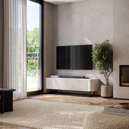 Aurora Rounded Corner Fluted TV Unit 140cm Glamour Style with Frame Stand - White / Black
